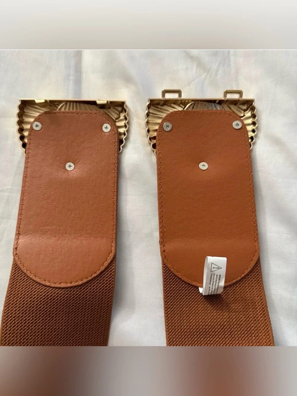 Brown PU leather elastic waistband belt with gold tone buckle